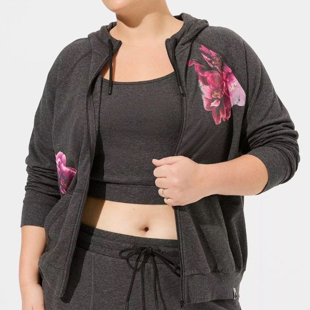 Torrid Everyday Fleece Full Zip Active Hoodie in Charcoal Heather Peonies 3 BNWT